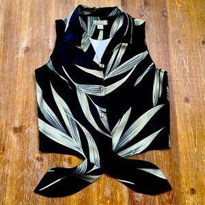 Tommy Bahama Silk Sleeveless Tie Front Top With Tropical Black and Green Design